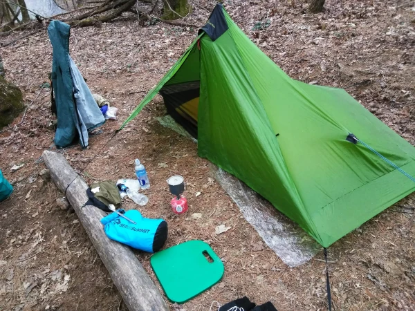 A single walled trekking pole tent on the AT. Photo by Garrett Martin